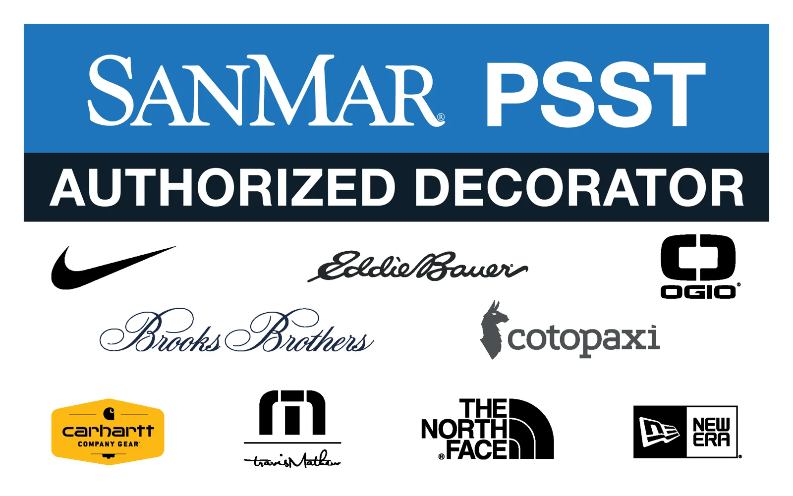 SanMar PSST authorized decorator brands including Nike, Ogio and The North Face