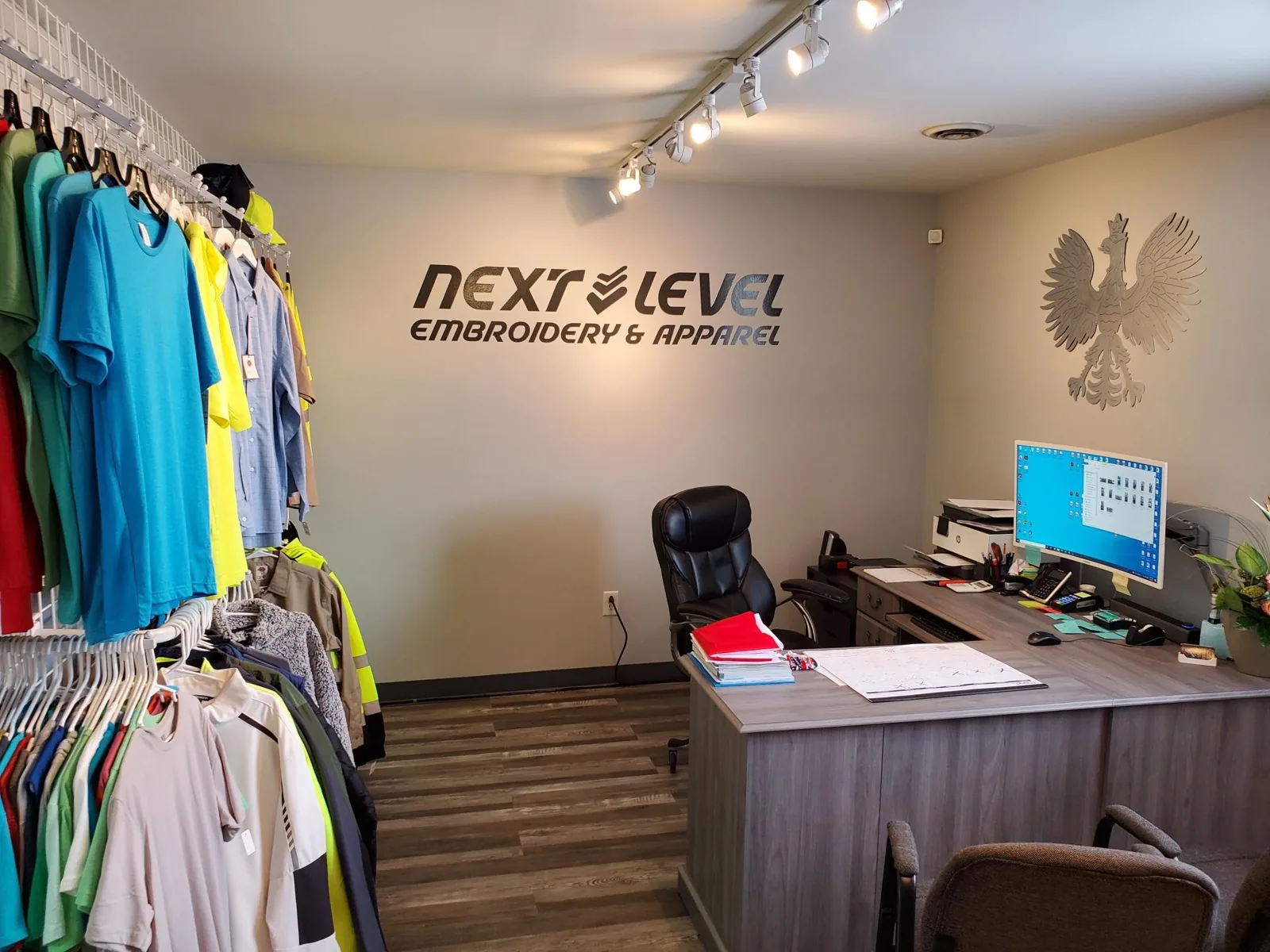 Front desk with logo wall