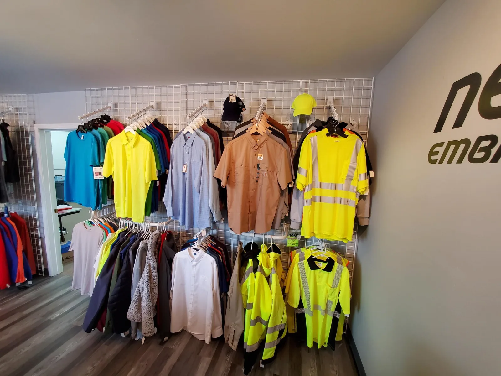 Hi-vis safety apparel and work shirts on display